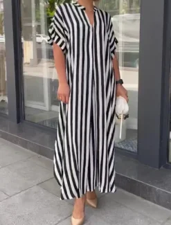 Online Women's Casual Dress Stripe Button Print Shirt Collar Long Dress Maxi Dress Vacation Short Sleeve Summer Women Spring Dresses