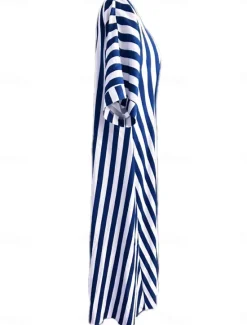 Online Women's Casual Dress Stripe Button Print Shirt Collar Long Dress Maxi Dress Vacation Short Sleeve Summer Women Spring Dresses