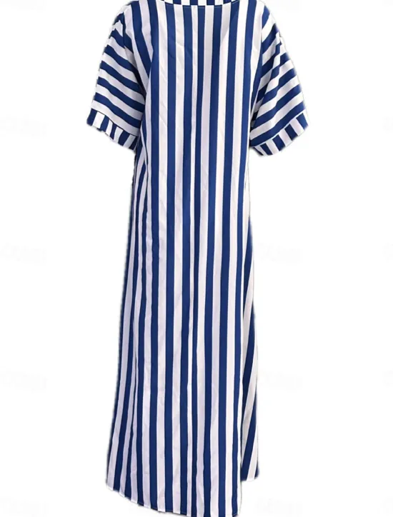 Online Women's Casual Dress Stripe Button Print Shirt Collar Long Dress Maxi Dress Vacation Short Sleeve Summer Women Spring Dresses