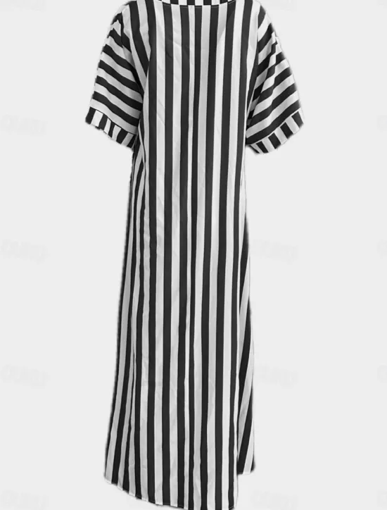 Online Women's Casual Dress Stripe Button Print Shirt Collar Long Dress Maxi Dress Vacation Short Sleeve Summer Women Spring Dresses