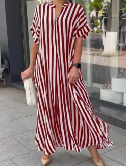 Online Women's Casual Dress Stripe Button Print Shirt Collar Long Dress Maxi Dress Vacation Short Sleeve Summer Women Spring Dresses