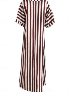 Online Women's Casual Dress Stripe Button Print Shirt Collar Long Dress Maxi Dress Vacation Short Sleeve Summer Women Spring Dresses
