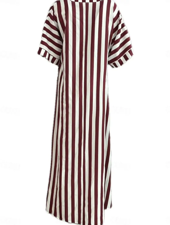 Online Women's Casual Dress Stripe Button Print Shirt Collar Long Dress Maxi Dress Vacation Short Sleeve Summer Women Spring Dresses