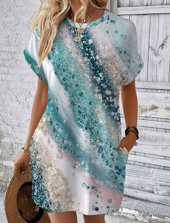 Clearance Women's Casual Dress Sundress Abstract Marble Pocket Crew Neck Elbow Sleeve Mini Dress Hawaiian Stylish Daily Date Short Sleeve Summer Spring Women T Shirt Dresses