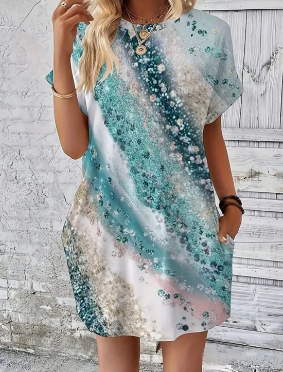 Clearance Women's Casual Dress Sundress Abstract Marble Pocket Crew Neck Elbow Sleeve Mini Dress Hawaiian Stylish Daily Date Short Sleeve Summer Spring Women T Shirt Dresses