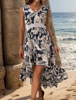 Clearance Women's Casual Dress Swing Dress Tank Dress Floral Leaf Print Asymmetrical Hem V Neck Long Dress Maxi Dress Stylish Casual Daily Date Sleeveless Summer Women Vacation Dresses