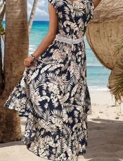 Clearance Women's Casual Dress Swing Dress Tank Dress Floral Leaf Print Asymmetrical Hem V Neck Long Dress Maxi Dress Stylish Casual Daily Date Sleeveless Summer Women Vacation Dresses