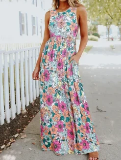 Women's Casual Dress Tank Dress Floral Pocket Print Crew Neck Long Dress Maxi Dress Stylish Daily Date Sleeveless Summer Women Floral Dresses