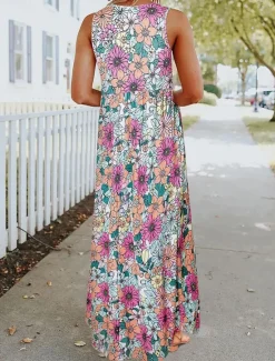 Women's Casual Dress Tank Dress Floral Pocket Print Crew Neck Long Dress Maxi Dress Stylish Daily Date Sleeveless Summer Women Floral Dresses