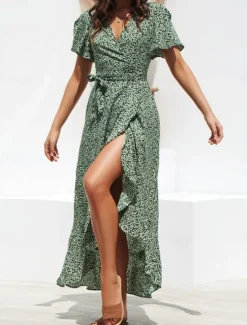 New Women's Casual Dress Wrap Dress Polka Dot Lace up Ruffle V Neck Long Dress Maxi Dress Vacation Short Sleeve Summer Women Floral Dresses|Spring Dresses