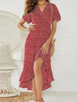 New Women's Casual Dress Wrap Dress Polka Dot Lace up Ruffle V Neck Long Dress Maxi Dress Vacation Short Sleeve Summer Women Floral Dresses|Spring Dresses