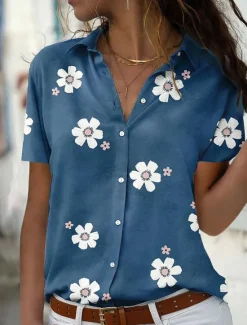 Discount Women's Casual Floral Print Shirt Short Sleeve Lapel Collar Blue Regular Fit Fashion Blouse for Spring Summer Daily Wear Women Blouses & Shirts