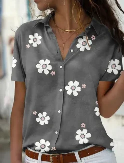 Discount Women's Casual Floral Print Shirt Short Sleeve Lapel Collar Blue Regular Fit Fashion Blouse for Spring Summer Daily Wear Women Blouses & Shirts