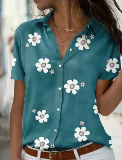 Discount Women's Casual Floral Print Shirt Short Sleeve Lapel Collar Blue Regular Fit Fashion Blouse for Spring Summer Daily Wear Women Blouses & Shirts