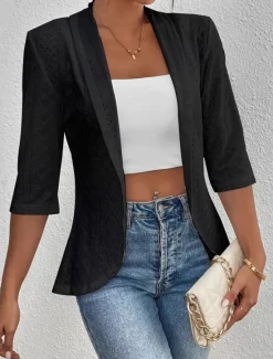 Sale Women's Casual Jacket Breathable Quick Dry Lace Casual Office / Career Collarless Regular Fit 3/4 Length Sleeve Outerwear Black White Violet Spring Fall Women Jackets