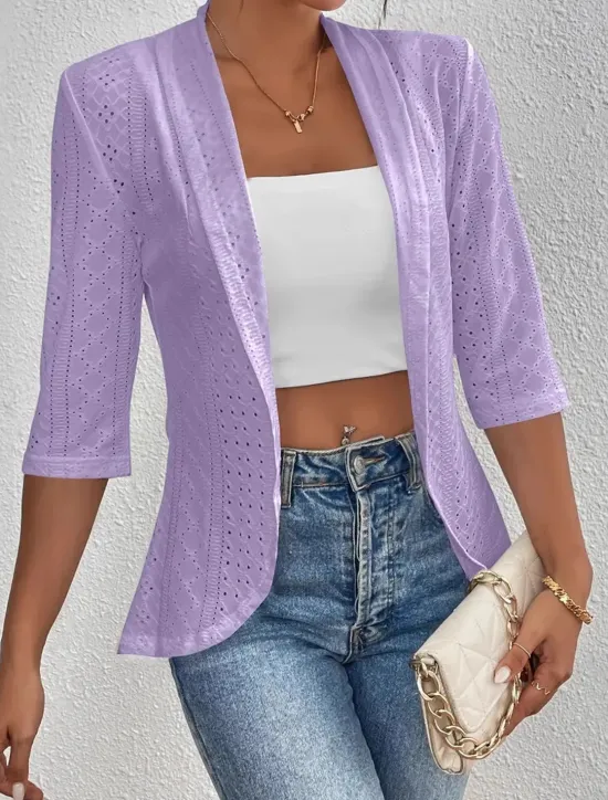 Sale Women's Casual Jacket Breathable Quick Dry Lace Casual Office / Career Collarless Regular Fit 3/4 Length Sleeve Outerwear Black White Violet Spring Fall Women Jackets