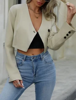 Best Women's Casual Jacket Breathable Comfortable Adjustable Casual Plain Vacation Street Casual Daily Wear Single Breasted Short V Neck Regular Fit Long Sleeve Outerwear Summer Spring Women Jackets|Coats & Trench Coats