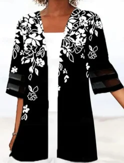 Hot Women's Casual Jacket Breathable Comfortable Patchwork Print Casual Floral Vacation Street Daily Wear Going out Open Front Regular Collarless Regular Fit 3/4 Length Sleeve Outerwear Black Green Dark Women Jackets
