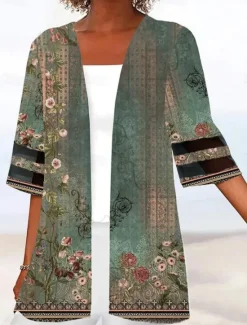 Hot Women's Casual Jacket Breathable Comfortable Patchwork Print Casual Floral Vacation Street Daily Wear Going out Open Front Regular Collarless Regular Fit 3/4 Length Sleeve Outerwear Black Green Dark Women Jackets