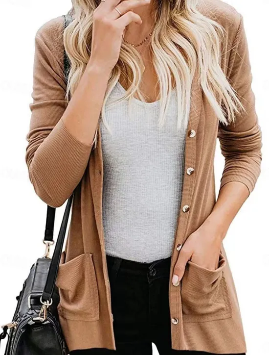Clearance Women's Casual Jacket Breathable Comfortable Buttons Pocket Casual Plain Vacation Street Casual Daily Wear Single Breasted Regular V Neck Regular Fit Long Sleeve Outerwear White Pink Khaki Summer Women Jackets|Coats & Trench Coats