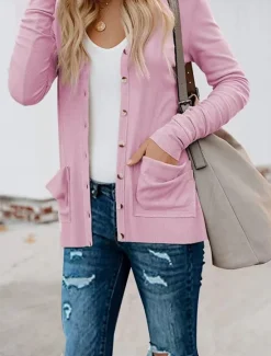 Clearance Women's Casual Jacket Breathable Comfortable Buttons Pocket Casual Plain Vacation Street Casual Daily Wear Single Breasted Regular V Neck Regular Fit Long Sleeve Outerwear White Pink Khaki Summer Women Jackets|Coats & Trench Coats