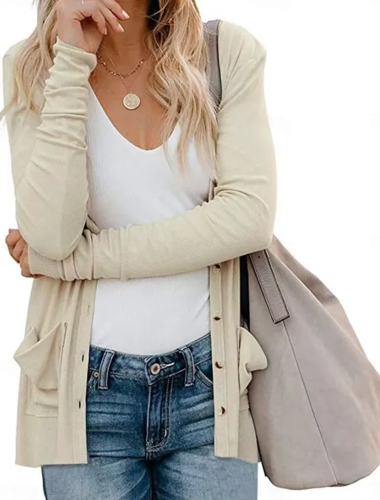 Clearance Women's Casual Jacket Breathable Comfortable Buttons Pocket Casual Plain Vacation Street Casual Daily Wear Single Breasted Regular V Neck Regular Fit Long Sleeve Outerwear White Pink Khaki Summer Women Jackets|Coats & Trench Coats