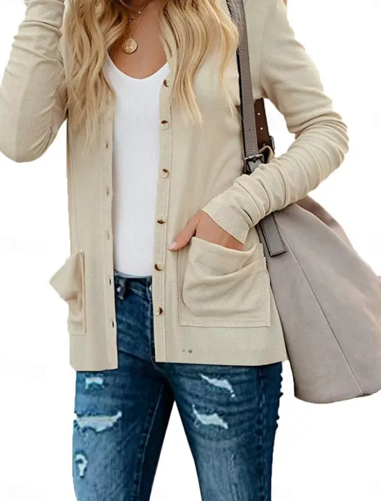 Clearance Women's Casual Jacket Breathable Comfortable Buttons Pocket Casual Plain Vacation Street Casual Daily Wear Single Breasted Regular V Neck Regular Fit Long Sleeve Outerwear White Pink Khaki Summer Women Jackets|Coats & Trench Coats