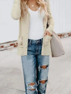 Clearance Women's Casual Jacket Breathable Comfortable Buttons Pocket Casual Plain Vacation Street Casual Daily Wear Single Breasted Regular V Neck Regular Fit Long Sleeve Outerwear White Pink Khaki Summer Women Jackets|Coats & Trench Coats