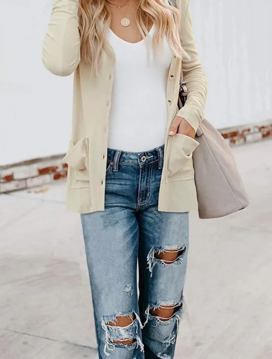 Clearance Women's Casual Jacket Breathable Comfortable Buttons Pocket Casual Plain Vacation Street Casual Daily Wear Single Breasted Regular V Neck Regular Fit Long Sleeve Outerwear White Pink Khaki Summer Women Jackets|Coats & Trench Coats
