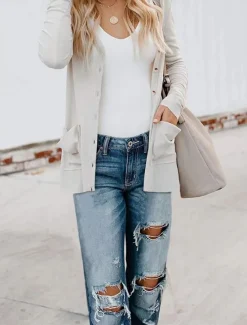 Clearance Women's Casual Jacket Breathable Comfortable Buttons Pocket Casual Plain Vacation Street Casual Daily Wear Single Breasted Regular V Neck Regular Fit Long Sleeve Outerwear White Pink Khaki Summer Women Jackets|Coats & Trench Coats