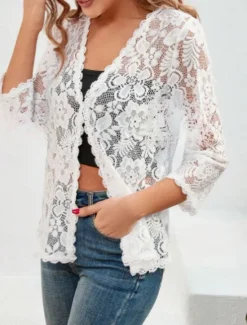 Women's Casual Jacket Breathable Comfortable Lace Patchwork Casual Plain Vacation Street Casual Daily Wear Single Breasted Regular V Neck Regular Fit Long Sleeve Outerwear Summer Spring Women Coats & Trench Coats|Jackets