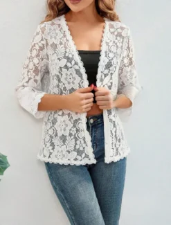 Women's Casual Jacket Breathable Comfortable Lace Patchwork Casual Plain Vacation Street Casual Daily Wear Single Breasted Regular V Neck Regular Fit Long Sleeve Outerwear Summer Spring Women Coats & Trench Coats|Jackets