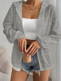 Outlet Women's Casual Jacket Breathable Comfortable Zipper Casual Plain Vacation Street Casual Daily Wear Zipper Regular Hooded Regular Fit Long Sleeve Outerwear Black White Purple Summer Spring Women Jackets|Coats & Trench Coats
