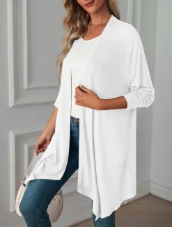 Hot Women's Casual Jacket Breathable Comfortable Oversized Casual Plain Vacation Street Casual Daily Wear Open Front Long Collarless Regular Fit 3/4 Length Sleeve Outerwear White Pink Wine Summer Spring Women Jackets|Coats & Trench Coats
