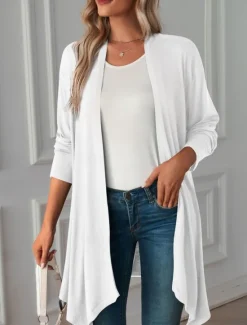 Hot Women's Casual Jacket Breathable Comfortable Oversized Casual Plain Vacation Street Casual Daily Wear Open Front Long Collarless Regular Fit 3/4 Length Sleeve Outerwear White Pink Wine Summer Spring Women Jackets|Coats & Trench Coats