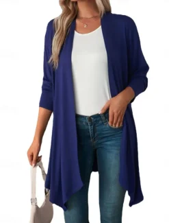 Hot Women's Casual Jacket Breathable Comfortable Oversized Casual Plain Vacation Street Casual Daily Wear Open Front Long Collarless Regular Fit 3/4 Length Sleeve Outerwear White Pink Wine Summer Spring Women Jackets|Coats & Trench Coats