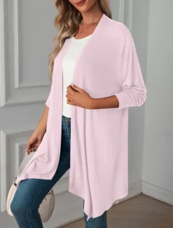 Hot Women's Casual Jacket Breathable Comfortable Oversized Casual Plain Vacation Street Casual Daily Wear Open Front Long Collarless Regular Fit 3/4 Length Sleeve Outerwear White Pink Wine Summer Spring Women Jackets|Coats & Trench Coats