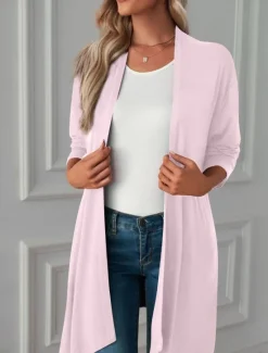 Hot Women's Casual Jacket Breathable Comfortable Oversized Casual Plain Vacation Street Casual Daily Wear Open Front Long Collarless Regular Fit 3/4 Length Sleeve Outerwear White Pink Wine Summer Spring Women Jackets|Coats & Trench Coats