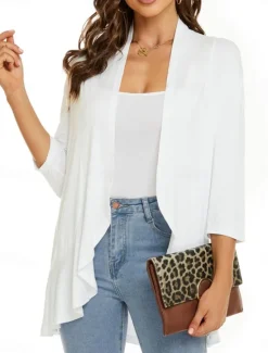 Women's Casual Jacket Breathable Comfortable Ruffle Casual Plain Vacation Street Casual Daily Wear Open Front Regular Collarless Regular Fit Long Sleeve Outerwear White Pink Navy Blue Summer Spring Women Jackets