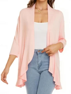 Women's Casual Jacket Breathable Comfortable Ruffle Casual Plain Vacation Street Casual Daily Wear Open Front Regular Collarless Regular Fit Long Sleeve Outerwear White Pink Navy Blue Summer Spring Women Jackets