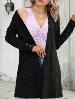 Online Women's Casual Jacket Breathable Comfortable Buttons Casual Plain Vacation Street Casual Daily Wear Single Breasted Regular Collarless Regular Fit Long Sleeve Outerwear Black Apricot Gray Fall Winter Women Coats & Trench Coats