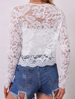 Hot Women's Casual Jacket Breathable Comfortable Lace Patchwork Elegant Casual Plain Vacation Street Casual Daily Wear Open Front Short Crewneck Regular Fit Long Sleeve Outerwear Black White Summer Spring Women Jackets|Coats & Trench Coats