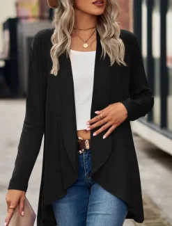 Hot Women's Casual Jacket Breathable Comfortable Irregular Hem Casual Plain Vacation Street Casual Daily Wear Open Front Regular Shawl Collar Regular Fit Long Sleeve Outerwear Black Wine Purple Summer Women Jackets|Coats & Trench Coats