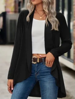Hot Women's Casual Jacket Breathable Comfortable Irregular Hem Casual Plain Vacation Street Casual Daily Wear Open Front Regular Shawl Collar Regular Fit Long Sleeve Outerwear Black Wine Purple Summer Women Jackets|Coats & Trench Coats