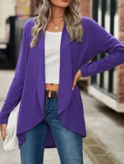 Hot Women's Casual Jacket Breathable Comfortable Irregular Hem Casual Plain Vacation Street Casual Daily Wear Open Front Regular Shawl Collar Regular Fit Long Sleeve Outerwear Black Wine Purple Summer Women Jackets|Coats & Trench Coats