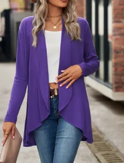 Hot Women's Casual Jacket Breathable Comfortable Irregular Hem Casual Plain Vacation Street Casual Daily Wear Open Front Regular Shawl Collar Regular Fit Long Sleeve Outerwear Black Wine Purple Summer Women Jackets|Coats & Trench Coats