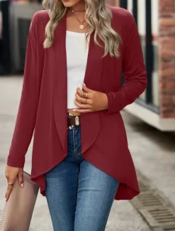 Hot Women's Casual Jacket Breathable Comfortable Irregular Hem Casual Plain Vacation Street Casual Daily Wear Open Front Regular Shawl Collar Regular Fit Long Sleeve Outerwear Black Wine Purple Summer Women Jackets|Coats & Trench Coats