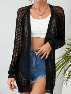 Outlet Women's Casual Jacket Breathable Comfortable Cut Out Casual Plain Vacation Street Casual Daily Wear Open Front Regular Collarless Regular Fit Long Sleeve Outerwear Black White Khaki Summer Spring Women Jackets|Coats & Trench Coats