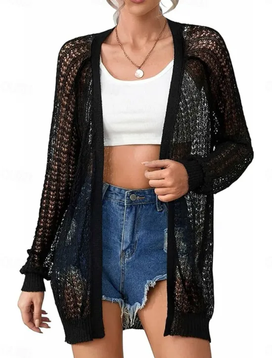Outlet Women's Casual Jacket Breathable Comfortable Cut Out Casual Plain Vacation Street Casual Daily Wear Open Front Regular Collarless Regular Fit Long Sleeve Outerwear Black White Khaki Summer Spring Women Jackets|Coats & Trench Coats