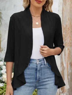 Hot Women's Casual Jacket Breathable Comfortable Ruffle Casual Plain Vacation Street Casual Daily Wear Open Front Regular Collarless Regular Fit 3/4 Length Sleeve Outerwear Black White Pink Summer Spring Women Jackets|Coats & Trench Coats